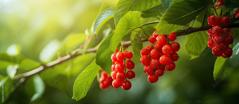 Poster a copy space image featuring curry berries a type of fruit with a vibrant green leafy background