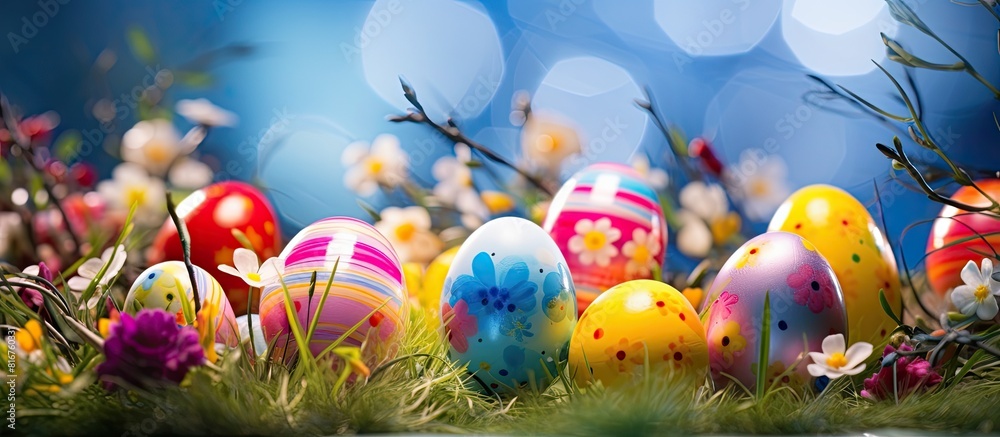Poster easter background with eggs ribbons and spring decoration. copy space available