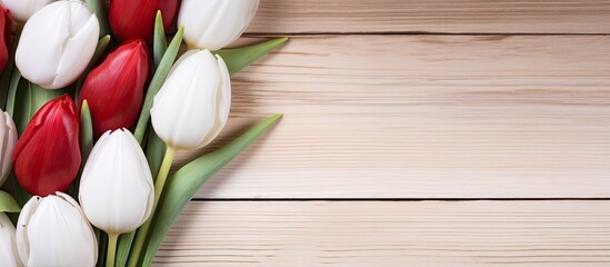 White eggs in a wicker basket and bunch of burgundy tulips close up on light wooden background flat lay copy space - Powered by Adobe