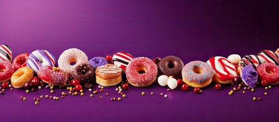 Funny glazed donuts with sprinkles striped caramel candies colorful dragee with raisins or peanuts inside marmalade or jelly candies red and purple ribbons on colorful background copy space