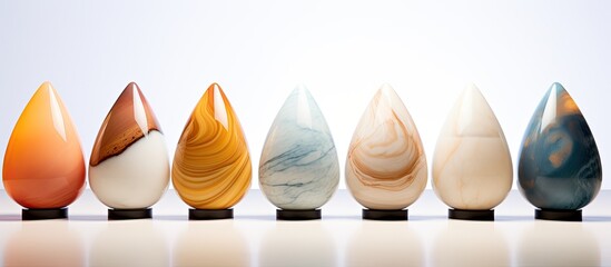 Different models of marble handmade desktop lamps are showcased in various perspective angles on a...