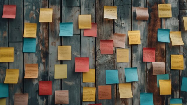 Colorful sticky notes on rustic wooden wall, vibrant reminders and ideas
