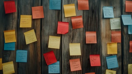 Colorful sticky notes on rustic wooden wall, vibrant reminders and ideas