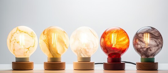 Different models of marble handmade desktop lamps are showcased in various perspective angles on a...