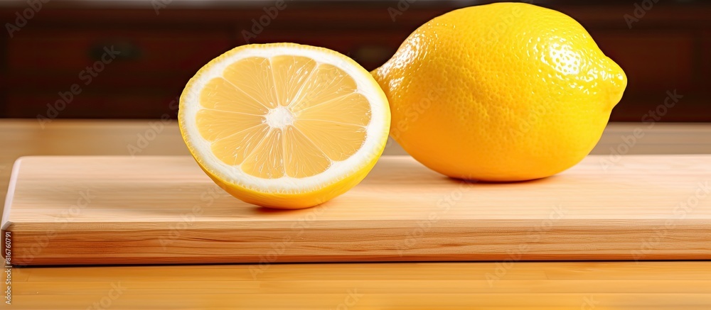 Poster lemon is sliced on a wooden cutting board on a white background isolated with copy space
