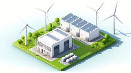 isometric concept of Modern energy storage battery systems, wind power, wind turbines and Li-ion battery containers, and solar panels in the background.