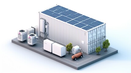 isometric concept of Modern energy storage battery systems, wind power, wind turbines and Li-ion battery containers, and solar panels in the background.