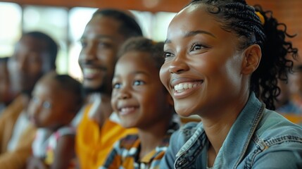 Obraz premium A modern South African parents attending a parent's meeting at school for their child. They are happy and excited to hear from the teacher in a classroom in a township school. Generative AI.