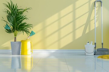 Bright room with sunlight, featuring a broom, mop, bucket, and indoor plant