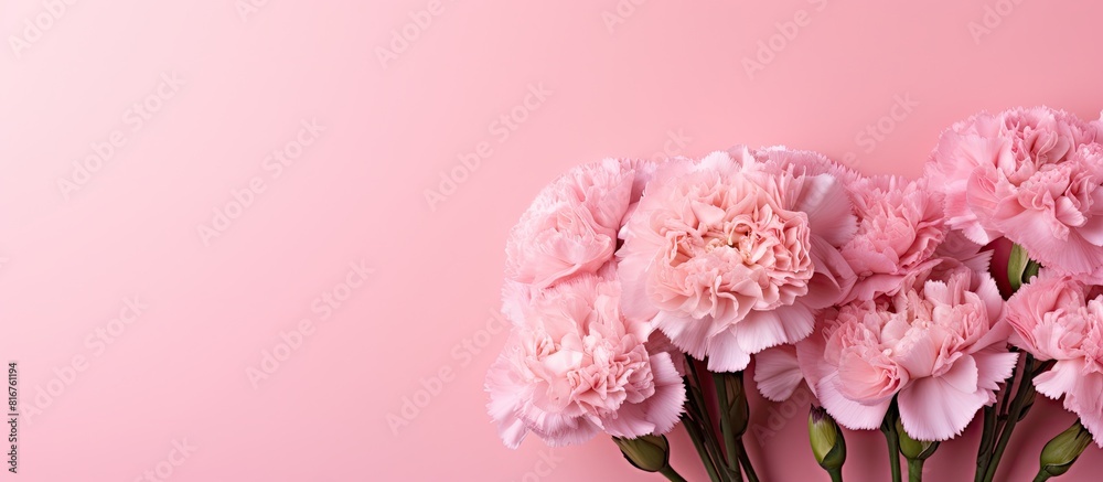 Poster A close up of soft pink carnations arranged in a bouquet set against a pink background with plenty of empty space for text or other images. copy space available