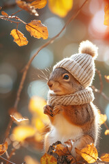 Cute funny squirrel wearing knitted hat and scarf on cold autumn day in a forest.