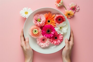 womans hands holding a white plate with many colorful ranunculus and gerbera flowers on the plate pink solid color background - Powered by Adobe