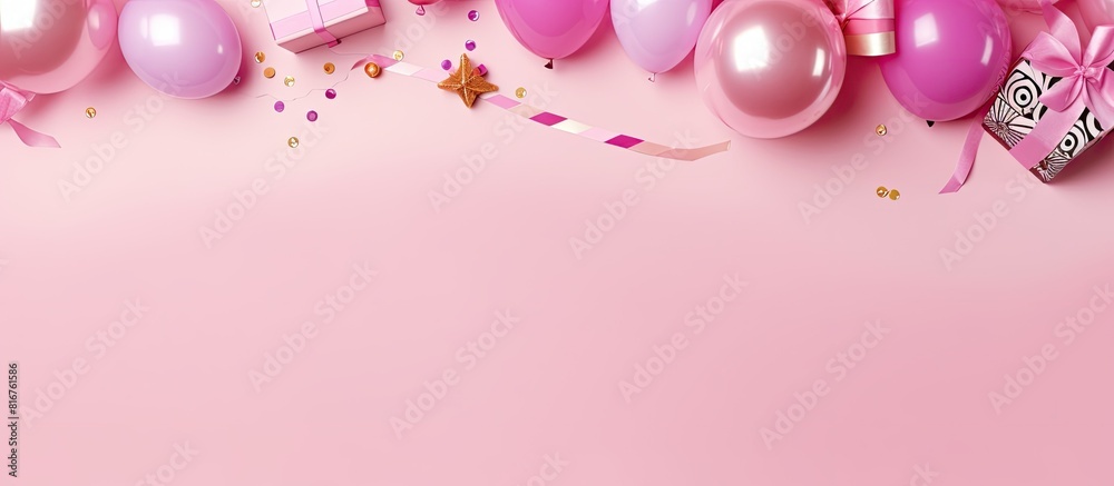 Poster Flat lay composition with party items on pink background space for text Birthday celebration. copy space available