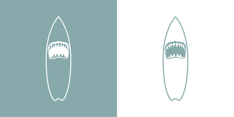 Logo club de surf. Silueta de mandíbula de tiburón sobre tabla de surf
