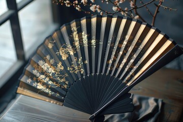 Close up of a fan on a table near a window. Suitable for home decor themes