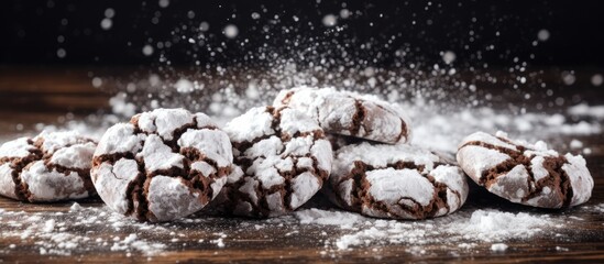 Chocolate brownie cookies in powdered sugar Chocolate Crinkles Chocolate crinkle cookies baked fresh sprinkled with powdered sugar. copy space available