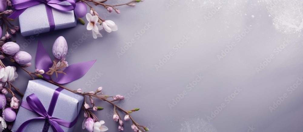 Aufkleber banner easter set gift box with branches catkins white egg the view from the top place for text back