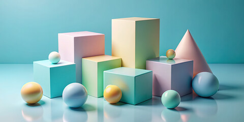 Minimalist 3D rendering of basic geometric shapes including spheres and cubes in a tranquil color palette