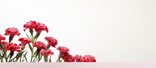 A bouquet of carnations stands alone on a white background leaving ample copy space in the image