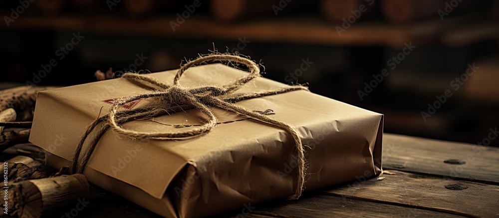 Poster Gift being wrapped in craft paper and secured with twine creating a visually appealing presentation with a rustic aesthetic ideal for use in advertisements or promotions. copy space available