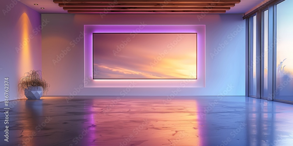 Poster modern design with a wooden frame and a lavender light border in a sleek, empty room. generative ai.