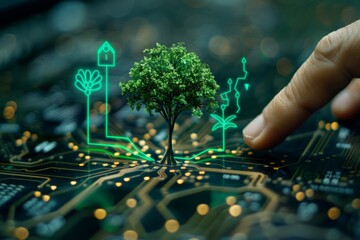 Obraz premium Finger touching digital circuit board with a small tree. Symbolizes connection between technology and nature. Green digital lines highlighting growth and innovation in an eco-friendly context...