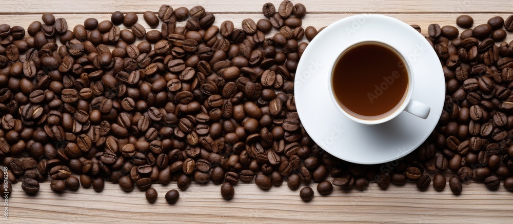 Poster a white empty cup in coffee beans backgroun flat lay copy space