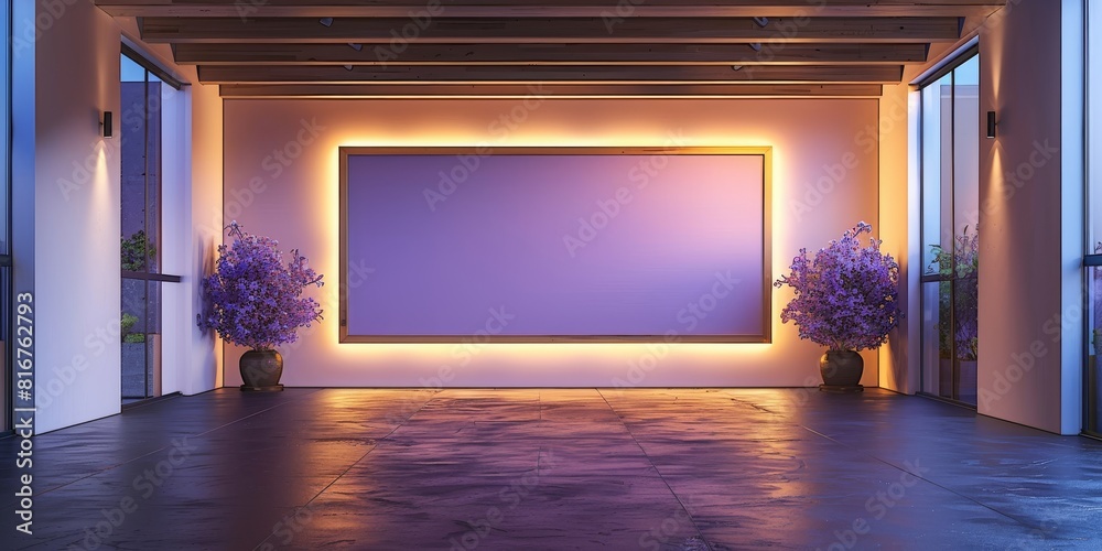 Poster modern design with a wooden frame and a lavender light border in a sleek, empty room. generative ai.