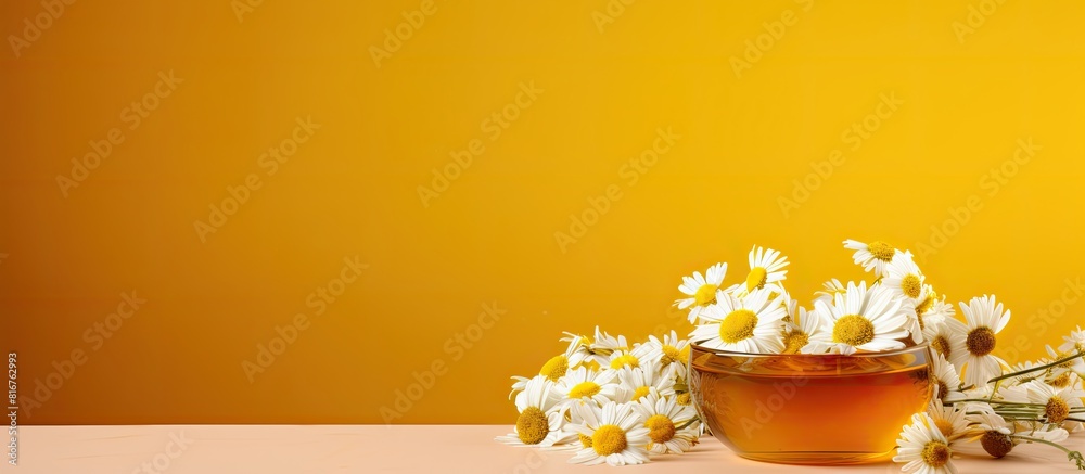 Aufkleber composition with bowl of honey and dried chamomile flowers on color background. copy space available