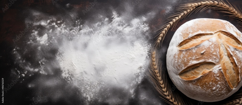 Poster Round rye bread and white flour around isolated on black table background top view empty copy Space for text