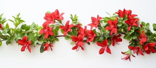 Red Alstroemeria with green ivy on white background. copy space available