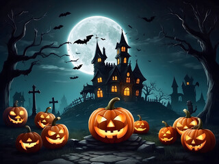 Halloween night background with pumpkin, old house for historical purposes. Haunted castle with cemetery and icons in Halloween scene design.