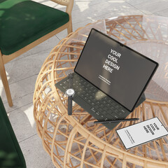 Various 3D mockups of MacBook and phones