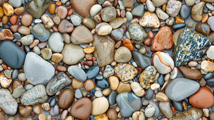 Pebble Beach Texture A pebble beach texture with smooth stones and colorful pebbles scattered along the shoreline creating a mosaic of shapes and colors that epitomizes the natural