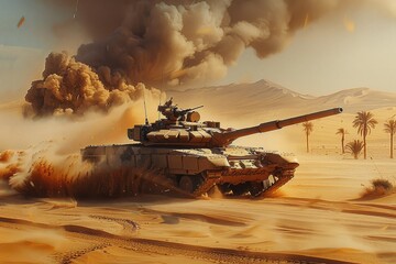 Obraz premium A tank is traveling at high speed in the desert, with flying sand, sandstorms, coconut trees, and distant mountains. Generative AI.