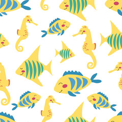 Naklejka premium Seamless pattern of cartoon sea inhabitants tropical yellow fish and seahorses on a white background. Vector illustration for children's wallpaper, textiles, packaging.