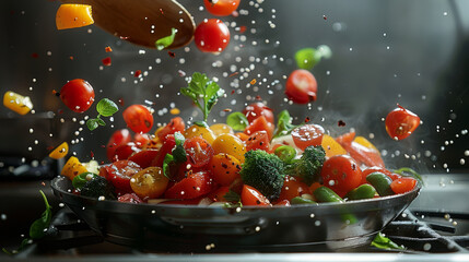 Mid-air vegetables, Capture the vibrant vegetables frozen in mid-air as they are tossed into the pan. Generative AI.