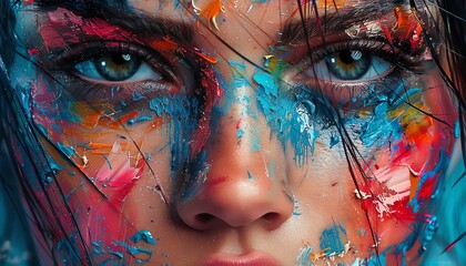 A womans face merging with colorful abstract paint splashes, vivid colors, high contrast, closeup shot