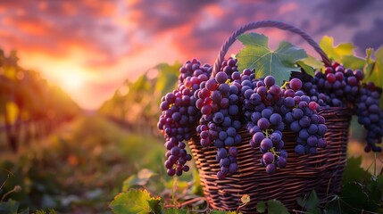 Basket of grapes in a vineyard at sunset with vibrant sky