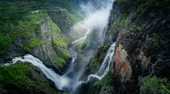 Scandinavian Aerial Cascade: Wild Waterfalls on an Atmospheric Summer Day in Norway