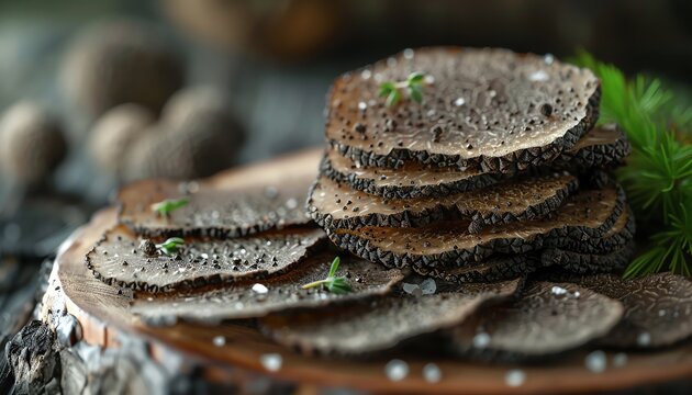 Black truffle slices on rustic wooden board, high detail, culinary luxury, natural earthy tones