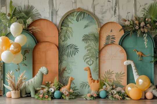 A group of stuffed dinosaurs are surrounded by green foliage and balloons