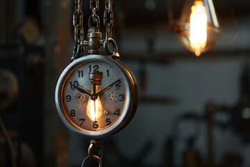 Classic pocket watch dangles against a blurred workshop background with a glowing light bulb - Powered by Adobe