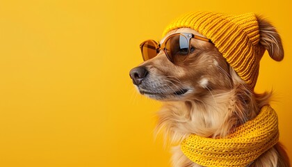 Dog wearing sunglasses and a yellow beanie, matching yellow background, stylish and fun