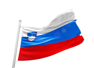 Slovenia waving flag with mast on white background with cutout path.