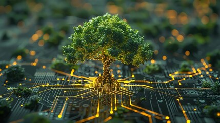 Luminous tree on a circuit board, symbolizing green technology, isolated with glowing edges, futuristic environmental concept