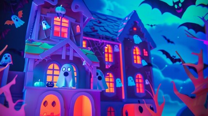Spooky Haunted House at Night with Ghosts and Bats Halloween Scene
