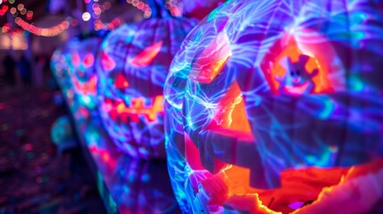 Vibrant Neon Glow Halloween Pumpkin Display at Night