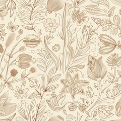 Vintage Botanical Seamless Pattern with Insects and Floral Motifs