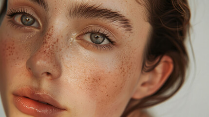 Fototapeta premium the close-up of a girl's face, adorned with charming freckles and defined eyebrows, as she carefully applies a potent anti-aging skincare cream.